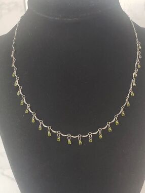 Vintage BELLAGIO Silvertone Link Chain With Tiny Dangling Peridot Rhinestones